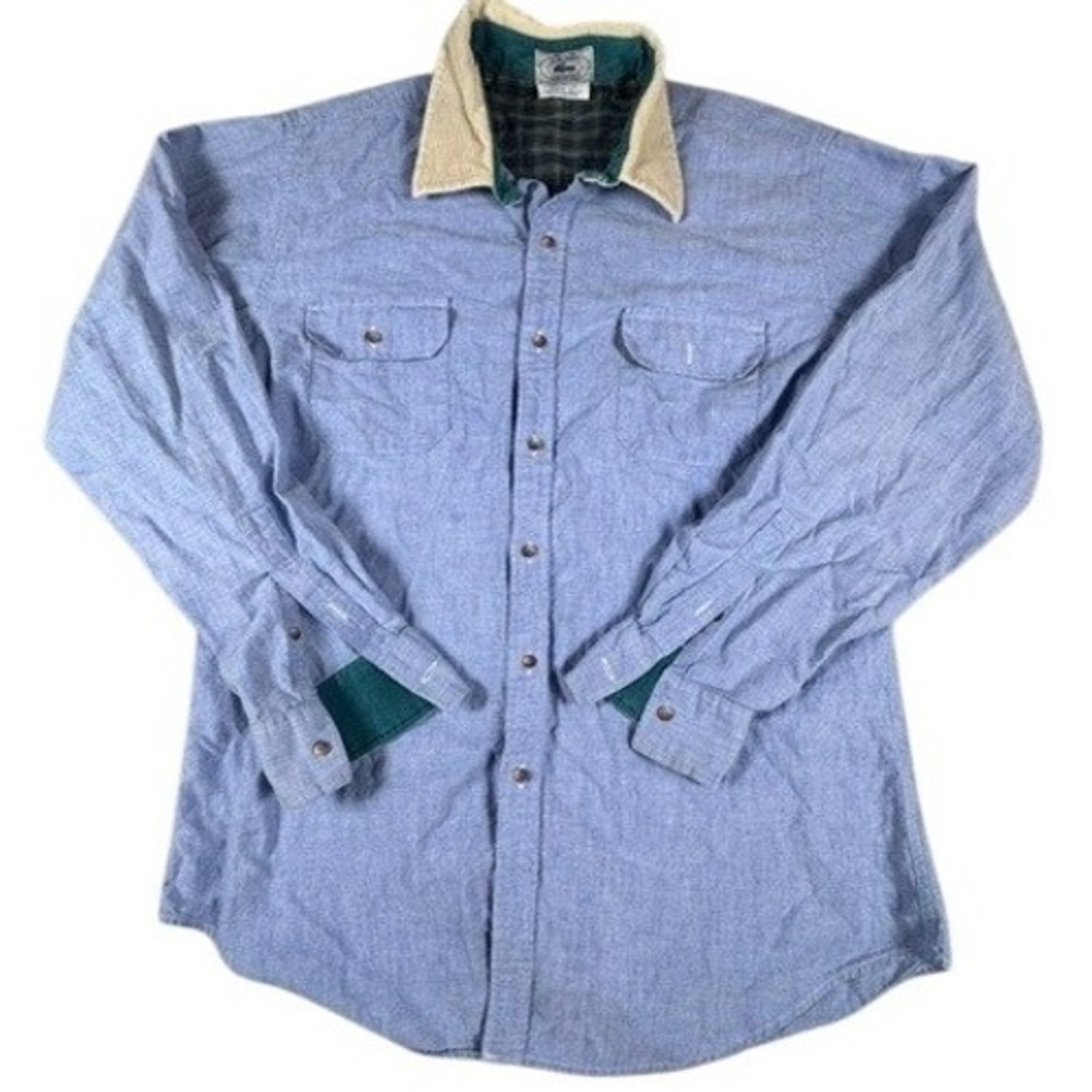 Izod Lacoste Shirt Mens L Blue Corduroy Collar Plaid Lined Long Sleeve Button Up